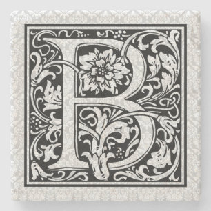 Floral Monogram Letter B Black Vintage Text Stone Coaster