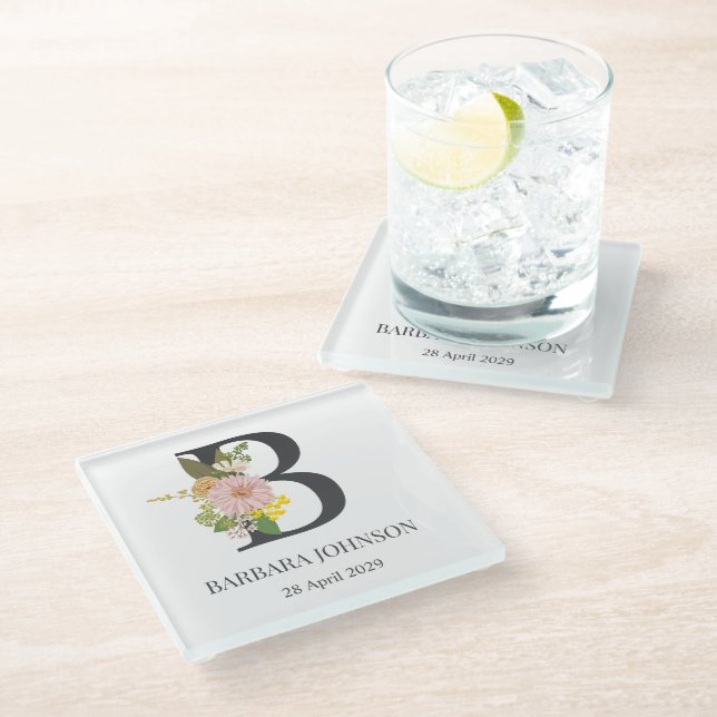Floral Monogram Letter B Custom Name and Date  Glass Coaster (Angled)