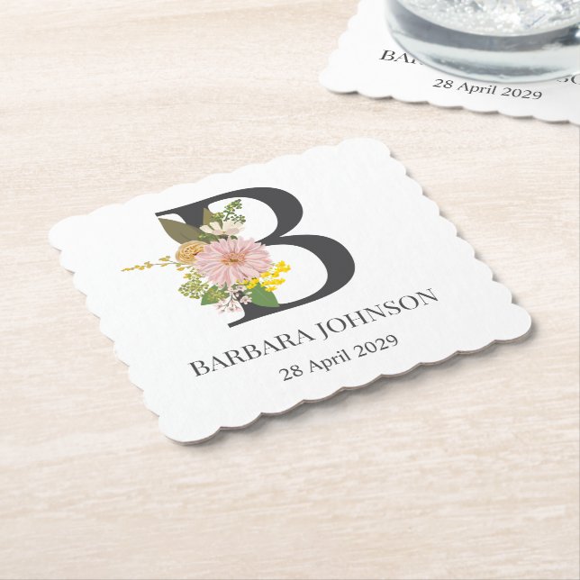 Floral Monogram Letter B Custom Name and Date  Paper Coaster (Angled)