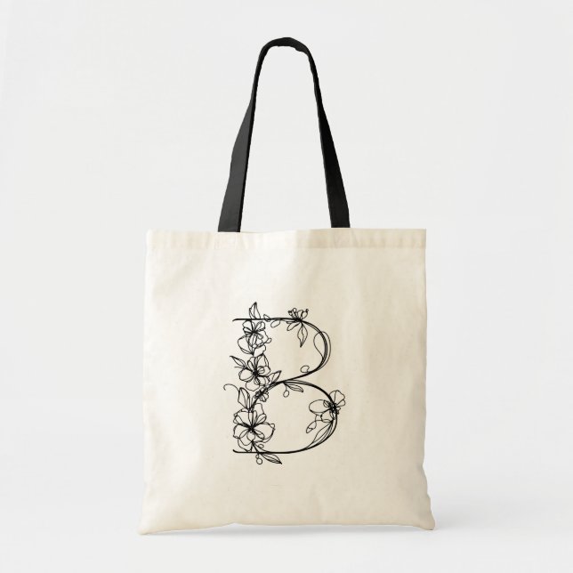 Floral Monogram Letter B Reusable Canvas  Tote Bag (Front)