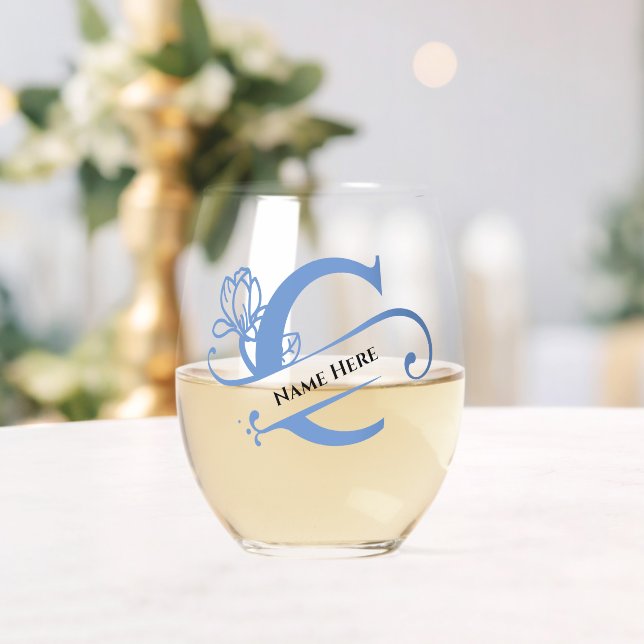 Floral Monogram Letter C Add Name Change Colour  Stemless Wine Glass (Insitu (Wedding))