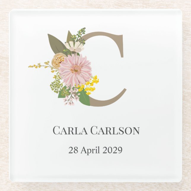 Floral Monogram Letter C Custom Name and Date  Glass Coaster (Front)