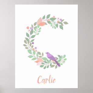 Floral monogram letter C purple bird name Poster