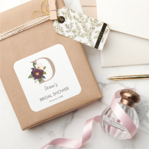 Floral Monogram Letter D Bridal Shower Square Sticker