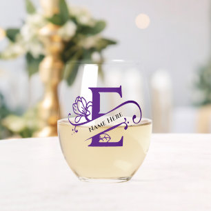 Floral Monogram Letter E Add Name Change Colour Stemless Wine Glass