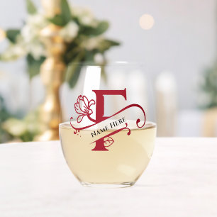 Floral Monogram Letter F Add Name Change Colour Stemless Wine Glass