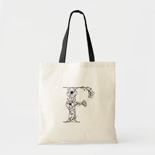 Floral Monogram Letter F Reusable Canvas  Tote Bag (Front)