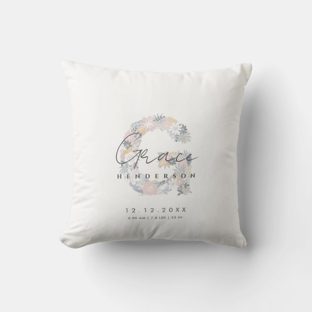 Floral Monogram Letter G Baby Birth Stats Cushion (Front)