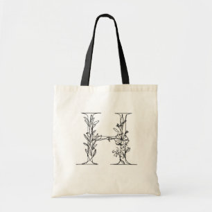 Floral Monogram Letter H Reusable Canvas Tote Bag