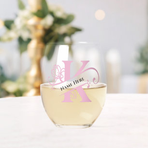 Floral Monogram Letter K Add Name Change Colour Stemless Wine Glass