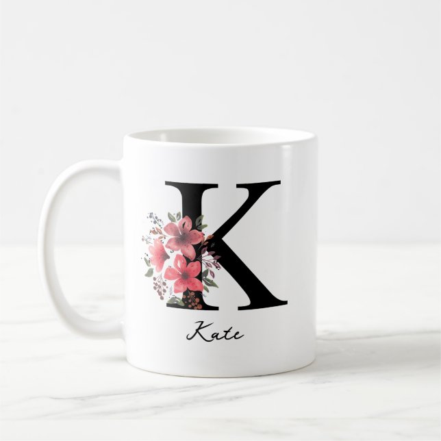Floral Monogram Letter K Margaret Custom Name Coff Coffee Mug (Left)