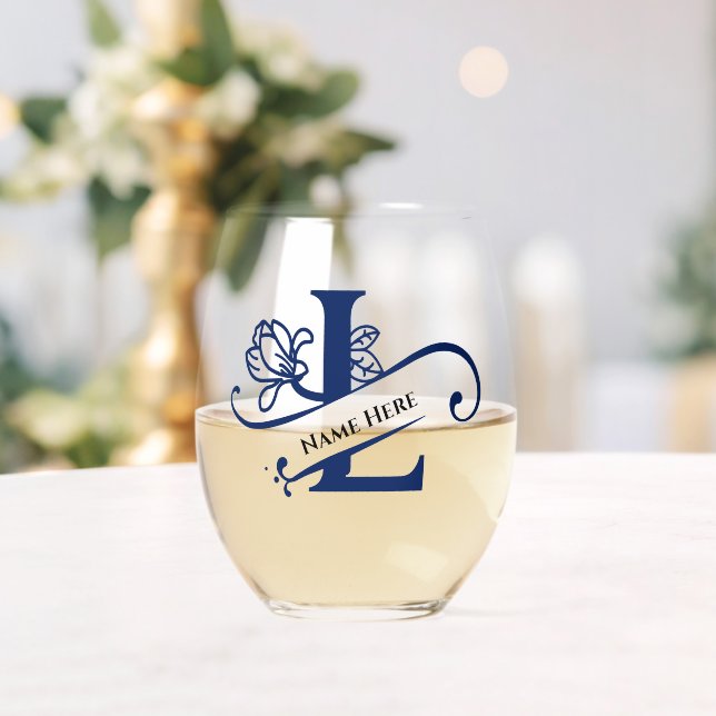 Floral Monogram Letter L Add Name Change Colour  Stemless Wine Glass (Insitu (Wedding))