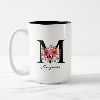 Floral Monogram Letter M Margaret Custom Name Coff Two-Tone Coffee Mug