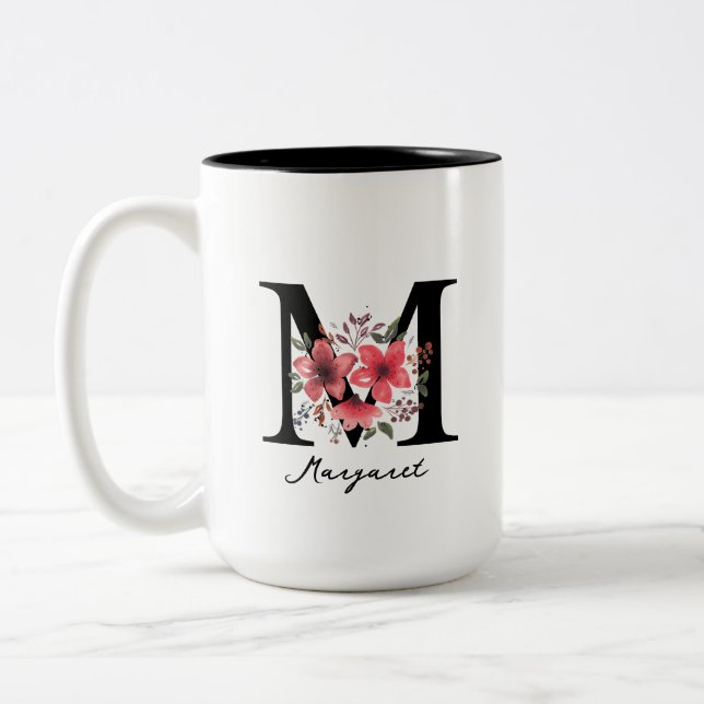 Floral Monogram Letter M Margaret Custom Name Coff Two-Tone Coffee Mug (Left)