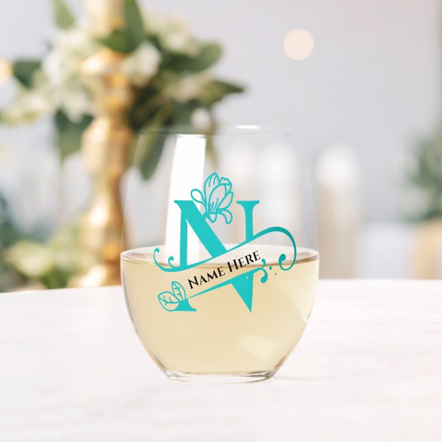 Floral Monogram Letter N Add Name Change Colour  Stemless Wine Glass (Insitu (Wedding))