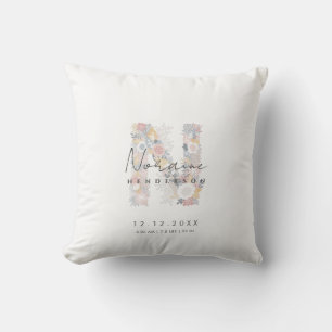 Floral Monogram Letter N Baby Birth Stats Cushion