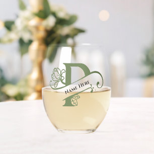 Floral Monogram Letter P Add Name Change Colour Stemless Wine Glass