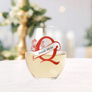 Floral Monogram Letter Q Add Name Change Colour Stemless Wine Glass