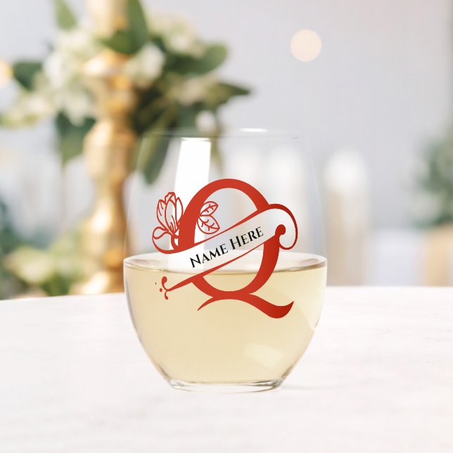 Floral Monogram Letter Q Add Name Change Colour  Stemless Wine Glass (Insitu (Wedding))