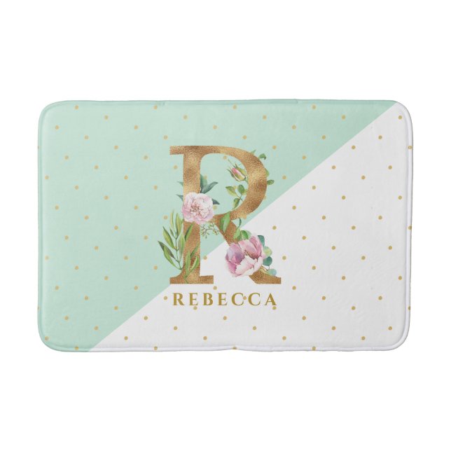 Floral monogram letter R for REBECCA Bath Mat (Front)