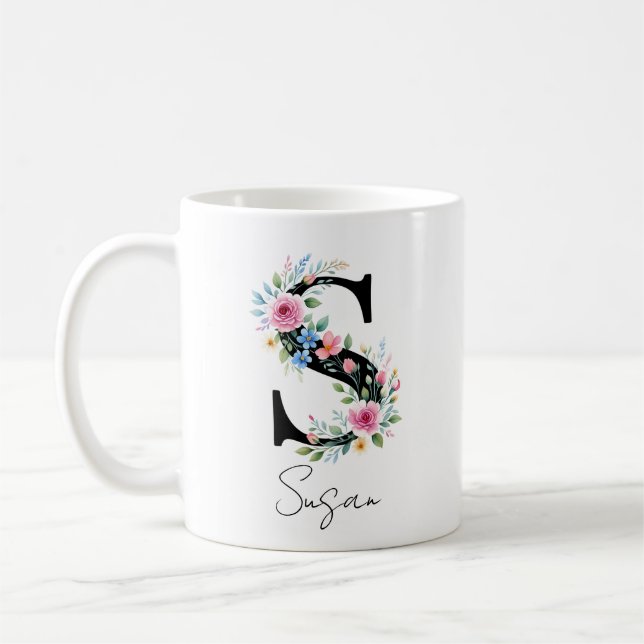  Floral Monogram – Letter S Coffee Mug (Left)