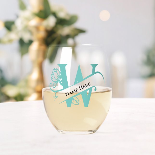 Floral Monogram Letter W  Add Name Change Colour  Stemless Wine Glass (Insitu (Wedding))