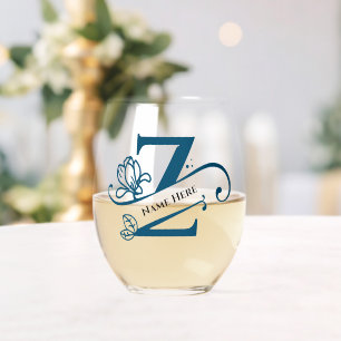 Floral Monogram Letter Z Add Name Change Colour Stemless Wine Glass