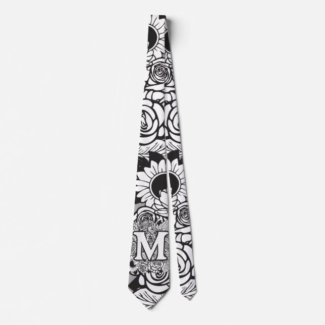 Floral Monogram "M" Black and White Tattoo Flowers Tie (Front)