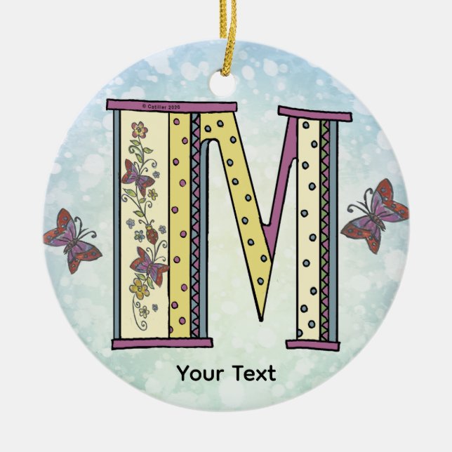 floral Monogram M  Ceramic Tree Decoration (Front)