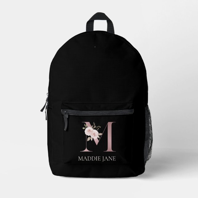 Floral Monogram M Name  Printed Backpack (Front)
