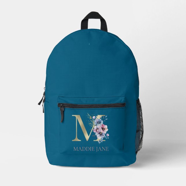 Floral Monogram M Name  Printed Backpack (Front)
