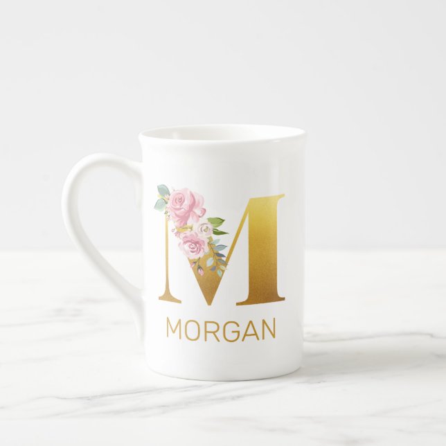 Floral Monogram Name Initial Botanical Personalise Bone China Mug (Left)
