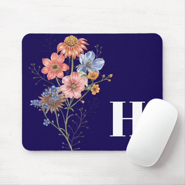 Floral Monogram Navy Blue Desk Accessory Mouse Mat (With Mouse)