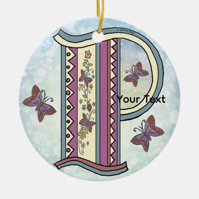 floral Monogram P  Ceramic Tree Decoration (Front)
