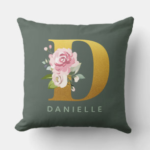 Floral Monogram Personalised Faux Gold Letter D Cushion