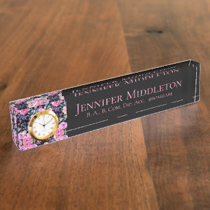 Floral Monogram Personalised Pink Black  Nameplate