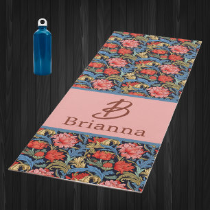 Floral Monogram Pink Blue William Morris Style Yoga Mat