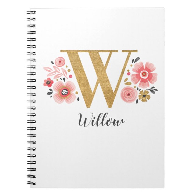 Floral Monogram Pink Gold Letter W Notebook (Front)