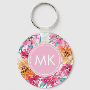 Floral Monogram Pink Key Ring