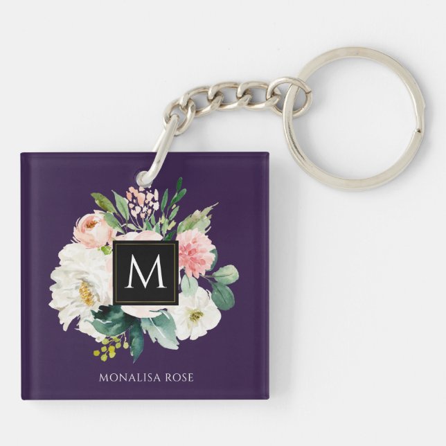 floral monogram purple colour  key ring (Back)