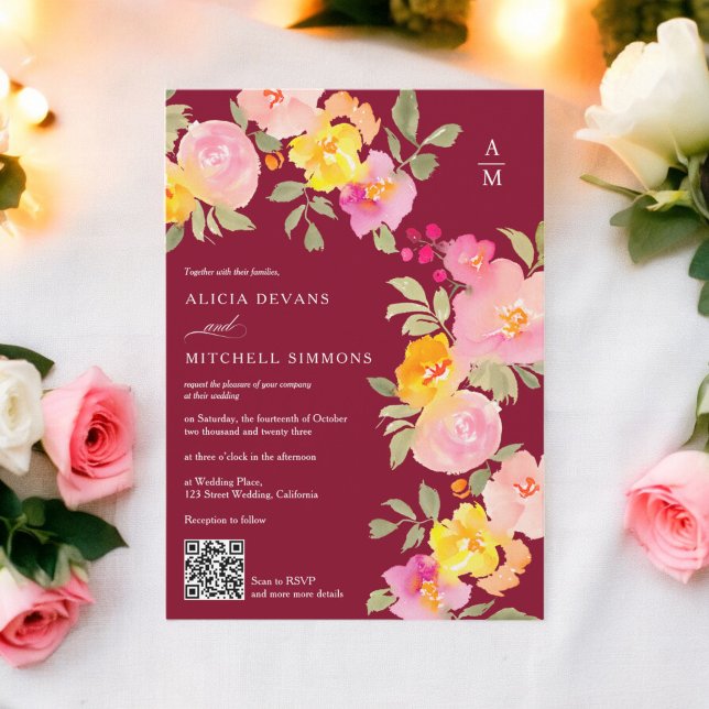Floral monogram Qr code photo burgundy wedding Invitation (Floral monogram Qr code photo burgundy wedding Invitation)