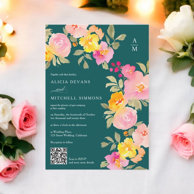 Floral monogram Qr code photo deep teal wedding Invitation (Floral monogram Qr code photo deep teal wedding Invitation)