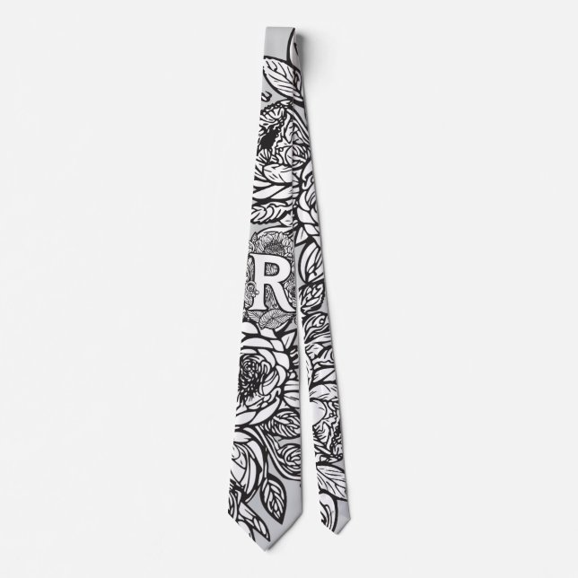Floral Monogram "R" Black and White Tattoo Flowers Tie (Front)