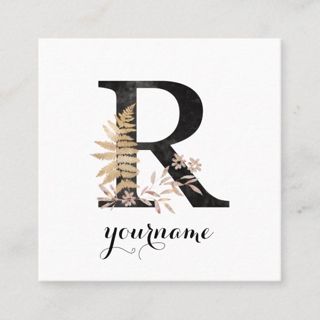 Floral Monogram R Black Gold Flora Square Business Card (Front)