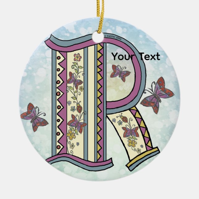 floral Monogram R  Ceramic Tree Decoration (Front)