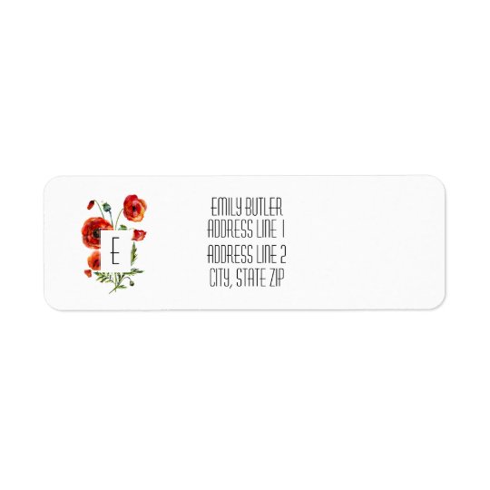 Floral Monogram Return Address Label Red Poppies