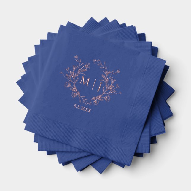 floral monogram rose gold pink blue wedding foil napkins (Insitu (Stacked))