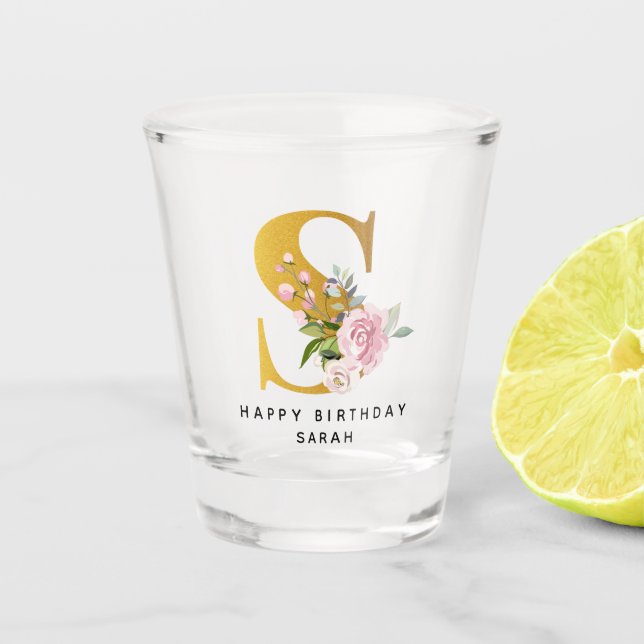 Floral Monogram S Birthday Personalised Name Shot Glass (Front)