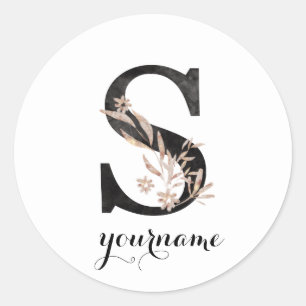 Floral Monogram S Black Gold Flora Classic Round Sticker