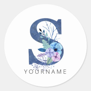Floral Monogram S Winter Blue Blossoms Classic Round Sticker